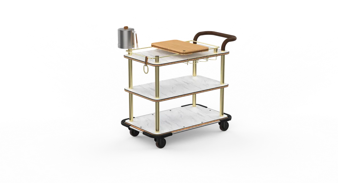 Steelite MGCRNX13CBXX Mogogo Buffet Solutions Roll'n Mixology Service Cart, 41.5"H, Carrera White Marble, Brushed Brass