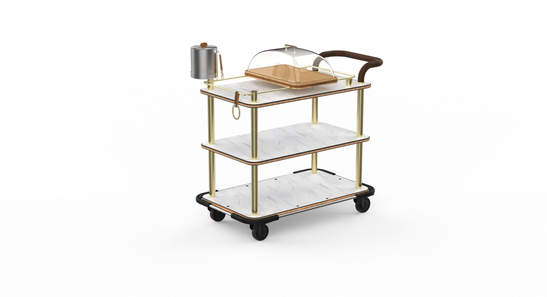 Steelite MGCRNX14CBXX Mogogo Buffet Solutions Roll'n Cheese Plate & Wine Serving Cart, 41.5"H, Carrera White Marble Shelves, Brushed Brass Finish
