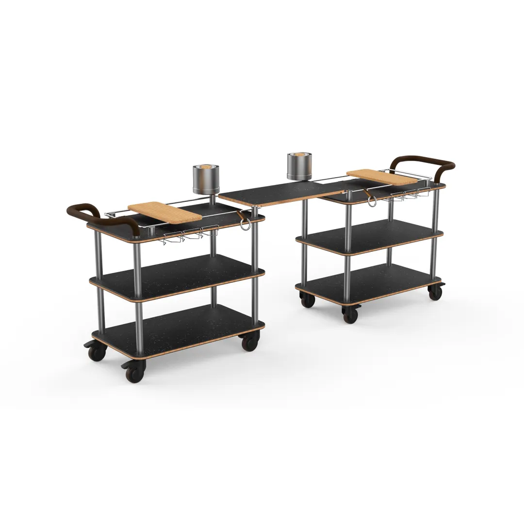 Steelite MGCRNX23MSXX Nero Marquina Marble Serving Cart, Brushed Stainless Steel, 2 Leather Handles, Wine Glass Holders