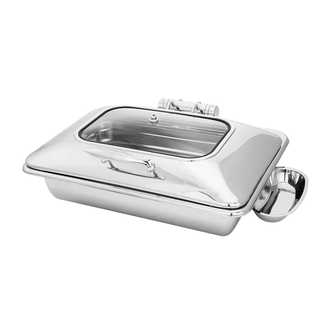 Steelite WLWI9UGT - 8 Quart Rectangular Steel Chafing Dish with Glass Lid, Cover, Pan & Spoon Holder
