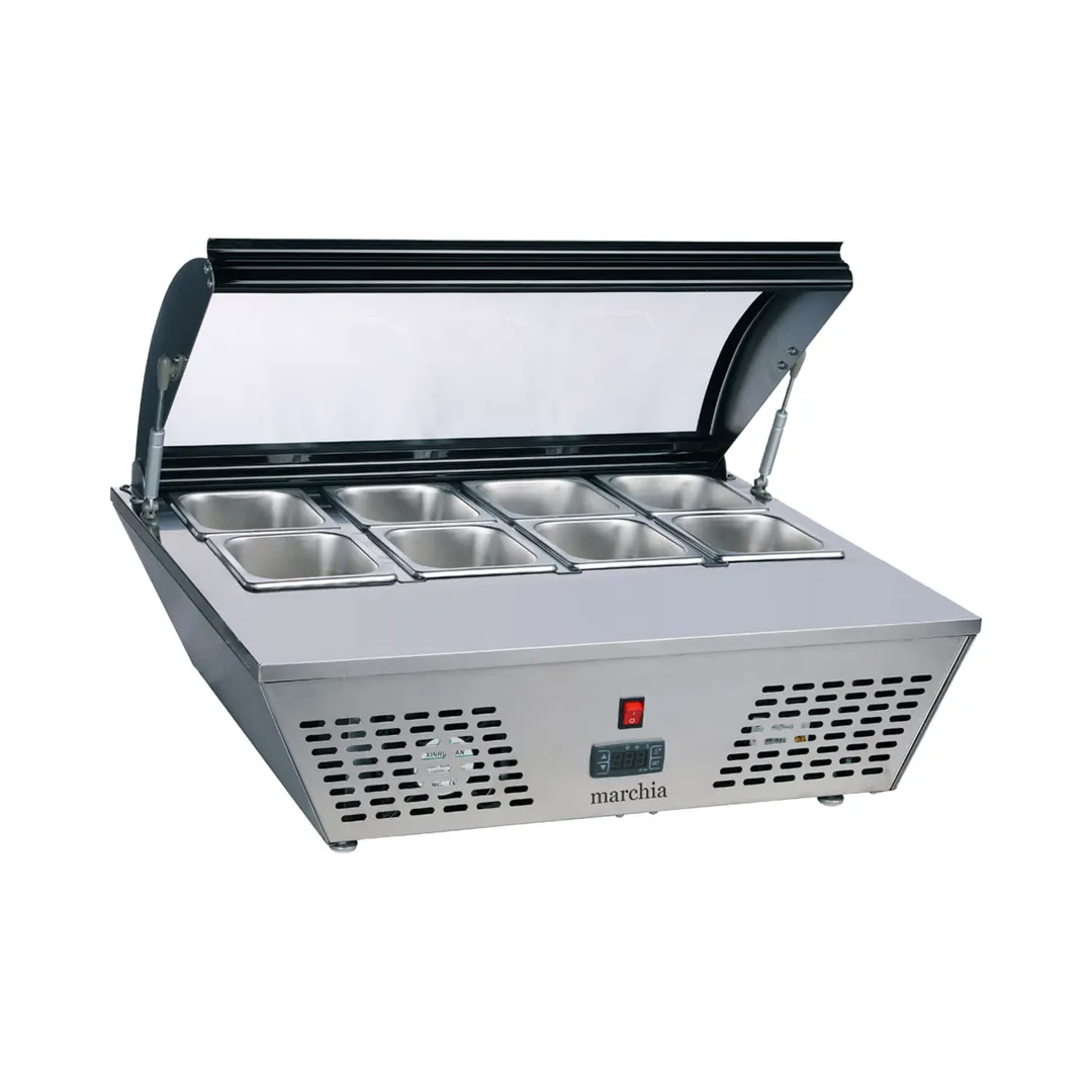 Marchia MTRS6 Refrigerated Countertop Pan Rail – 30"W x 24"D x 12.7"H, 2.4 cu.ft, 8‑pan 1/6 size (6" deep), cooling, glass, guard, 110V, R290, certified