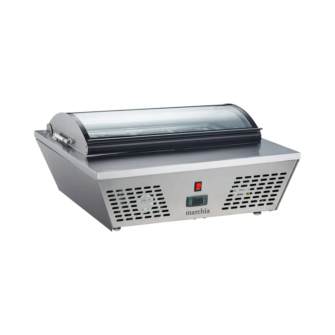 Marchia MTRS6 Refrigerated Countertop Pan Rail – 30"W x 24"D x 12.7"H, 2.4 cu.ft, 8‑pan 1/6 size (6" deep), cooling, glass, guard, 110V, R290, certified