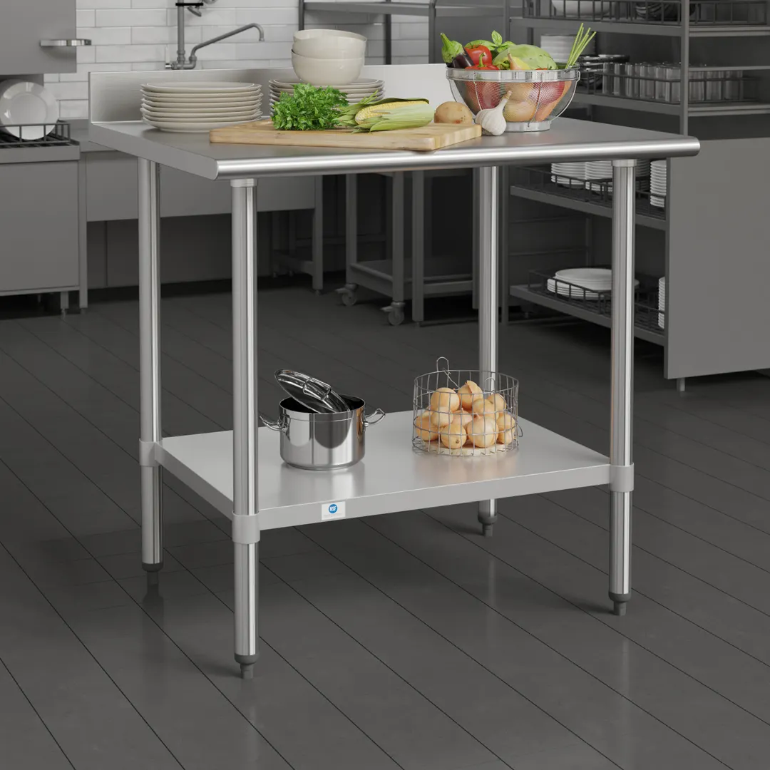 Flash Furniture NH-WT-3036-GG-B4-GG 36" Open Base Work Table with Undershelf, 4" Backsplash / 18 G