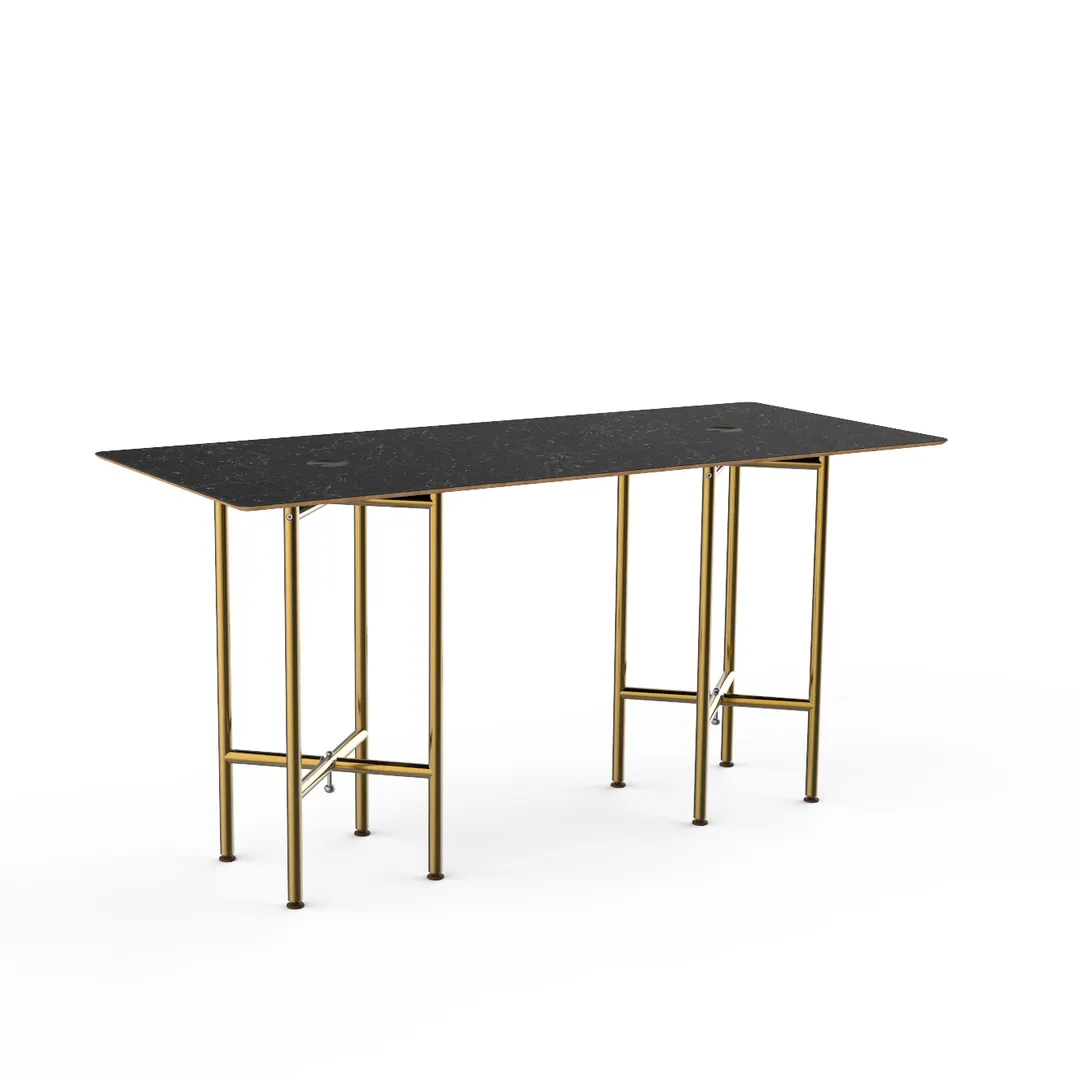 Steelite MGCCYG01MBXX 72" Rectangular Buffet Table, Nero Marquina Marble BHP Laminate Top, Brushed Brass Segments, 30"D x 36"H