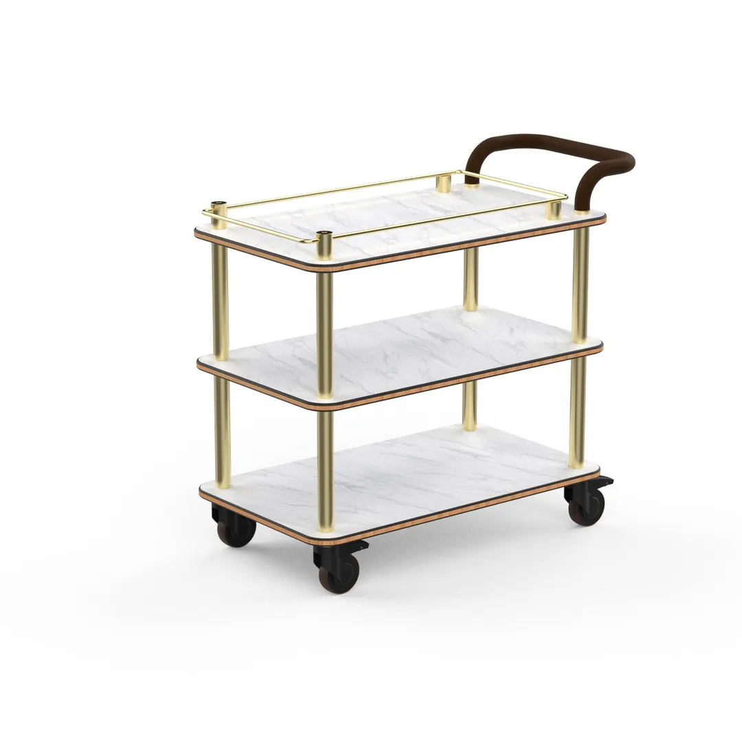 Steelite MGCRNX02CBXX Mogogo Buffet Solutions Roll'n Service Cart, 41.5x21x36, Carrera White Marble Shelves, Brushed Brass
