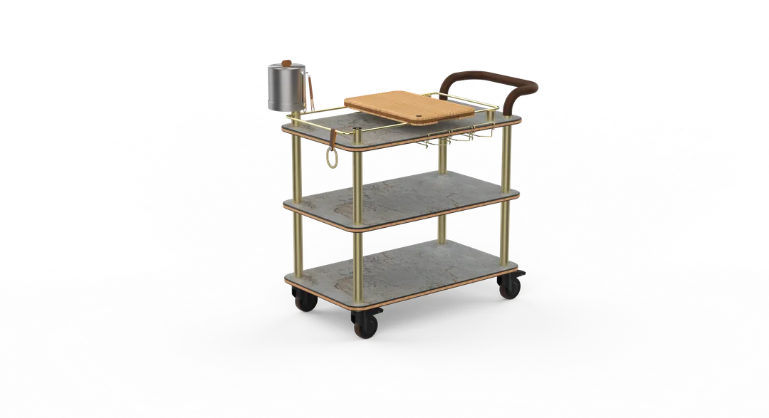 Steelite MGCRNX03GBXX 41.5x21x40.5 Buffet Service Cart, Grey Slate Shelves, Brushed Brass Finish
