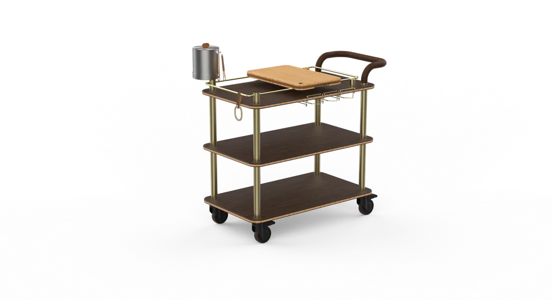 Steelite MGCRNX03WBXX Buffet Service Cart, 41.5x21x40.5, Mango Wood, Brushed Brass, Leather Handle