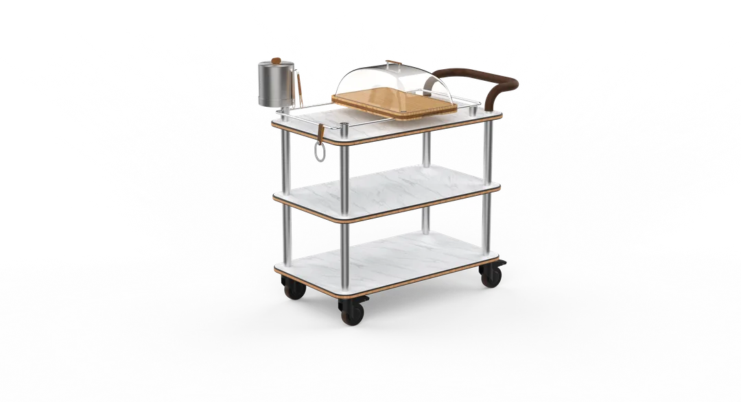 Steelite MGCRNX04CSXX Mogogo Buffet Solutions Roll'n Cheese Plate & Wine Serving Cart, 41-1/2"H x 21"W x 40-1/2"D, Brushed Stainless Steel, Carrera White Marble