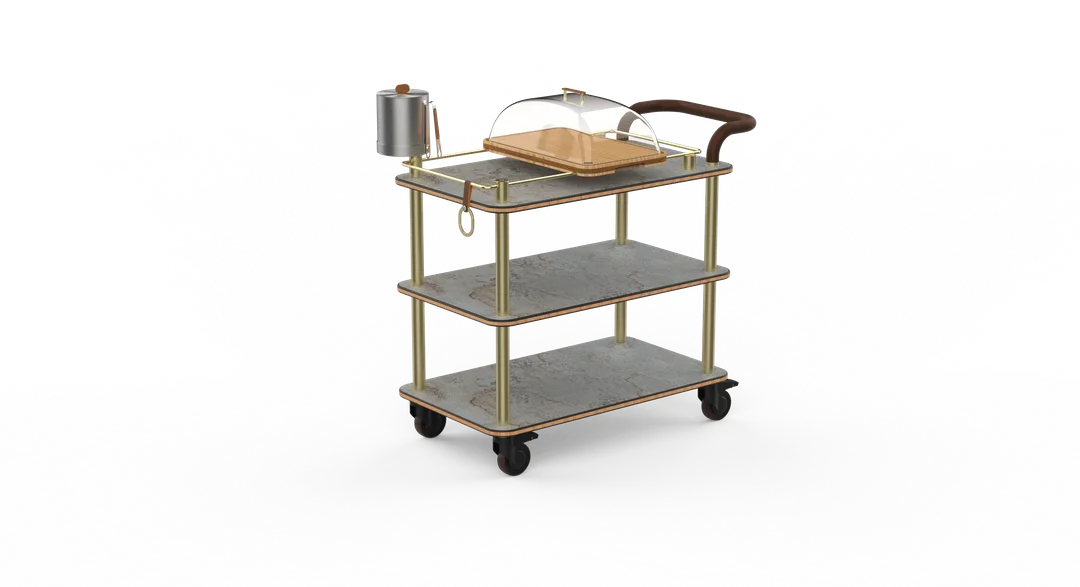 Steelite Serving Serving Cart, 41-1/2 H, Gray Finish, Leather Handle, Brushed Brass Accents