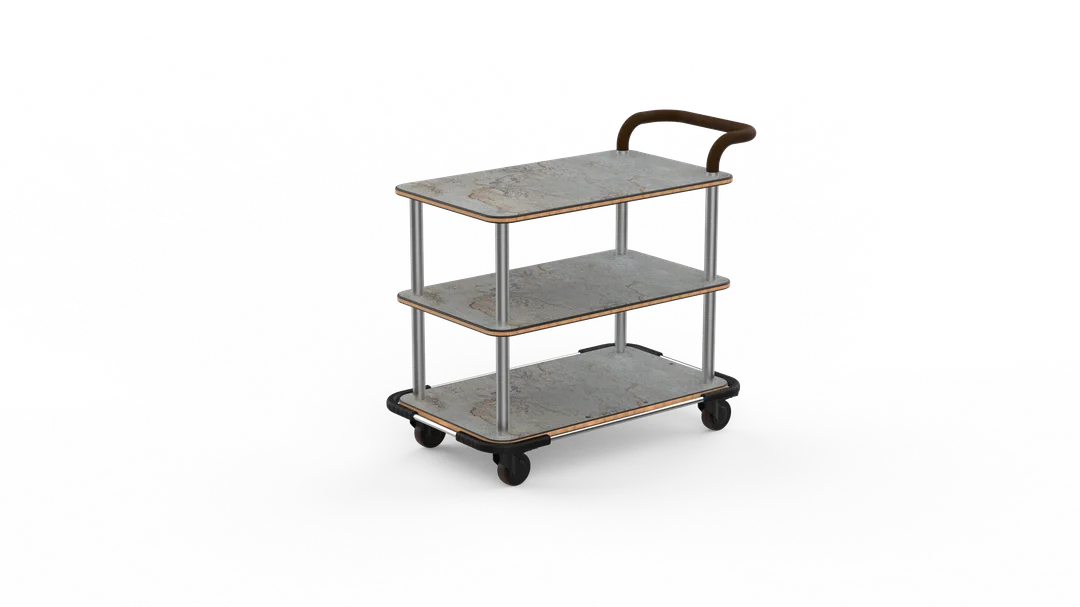 Steelite MGCRNX11GSXX 41.5x21x36 Buffet Serving Cart, Grey Slate Shelves, Brushed Stainless Steel, Leather Handle, 600 lbs