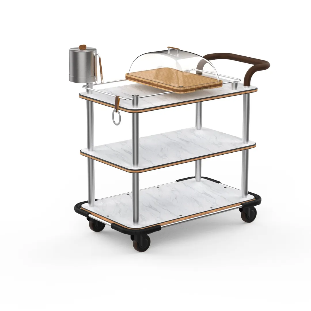 Steelite MGCRNX14CSXX Serving Cart, 41.5inx21in, Carrera White Marble Shelves, Brushed Stainless Steel, Heavy Duty, NSF Certified