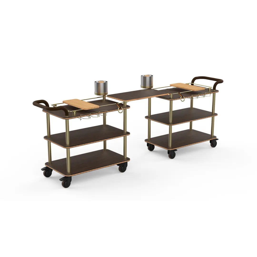 Steelite MGCRNX23WBXX Serving Cart, Bengali Mango Wood Shelves, Brushed Brass Finish, Leather Handles, 6 Wine Glass Holders