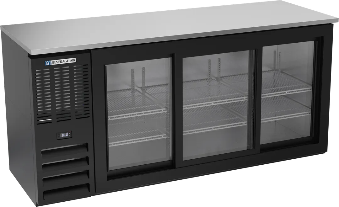 Beverage Air BBN72HC-F-GS-B Bar Cooler 72"x25"x34" 19.6 Cu Ft Black Sliding Glass Doors LED