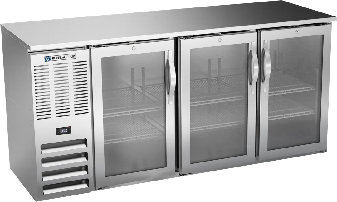 Beverage Air BBN72HC-FG-S Bar Cooler, 72"W x 26-3/8"D x 34"H, 3 Glass Doors, Steel, LED, R290