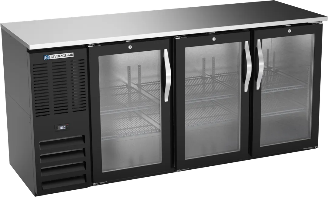 Beverage Air BBN72HC-G-B Cooler, 72"W×26-3/8"D×34"H, 19.6 Cu Ft, Doors, Side‑Mount R290, 1/3HP115V
