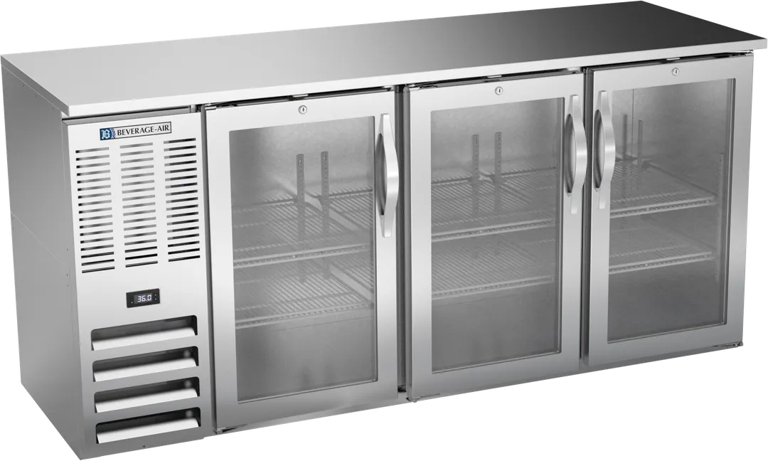 Beverage Air BBN72HC-G-S Cooler, 72"W x 26-3/8"D x 34"H, 19.6 cu ft, 3 Glass Doors, Stainless, LED
