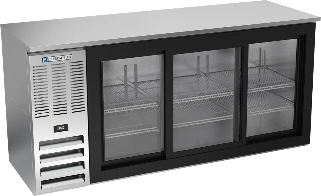 Beverage Air BBN72HC-GS-S Cooler, 72"W x 25.25"D x 34"H, 19.6 cu ft, 3 Glass Doors, R290 Refrigerant