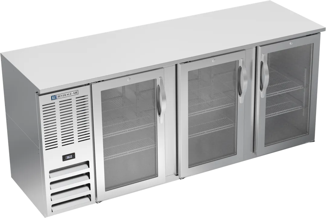 Beverage Air BBN78HC-FG-S Cooler, 78"W x 26-3/8"D x 34"H, 21.7ft³, 3 Glass Doors, R290, 1/3 HP 115V