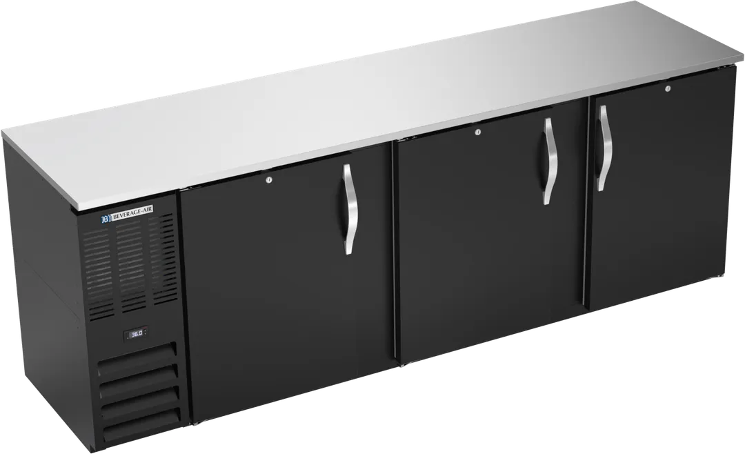 Beverage Air BBN94HC-F-B Cooler, 94"W x 26"D x 34"H, 27 cu ft, Black Top, 3 Doors, R290, 1/3 HP 115V