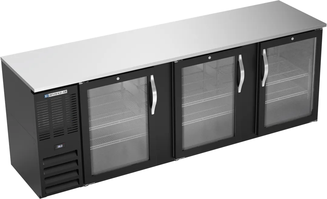 Beverage Air BBN94HC-FG-B Back Bar, 94"×26-3/8"×34" 27 cu ft, 3 Glass Doors, Black R290, 1/3 HP 115V