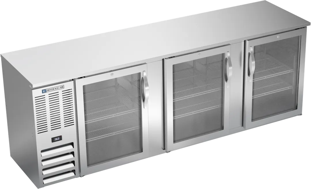 Beverage Air BBN94HC-FG-S Bar Cooler 94"W x 26"D x 34"H, 27 Cu Ft, 3 Glass Doors, Top, 1/3 HP, 115V