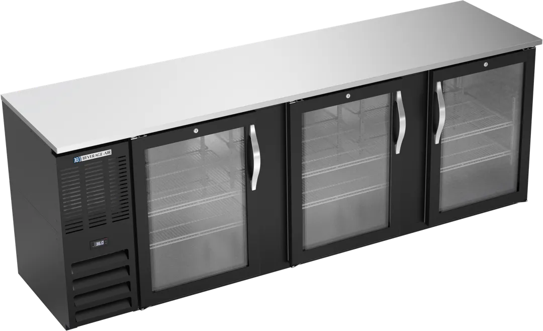 Beverage Air BBN94HC-G-B Cooler, 94" W X 26" D X 34" H, 27.2 Cu Ft Black 3 Doors Shelves R290