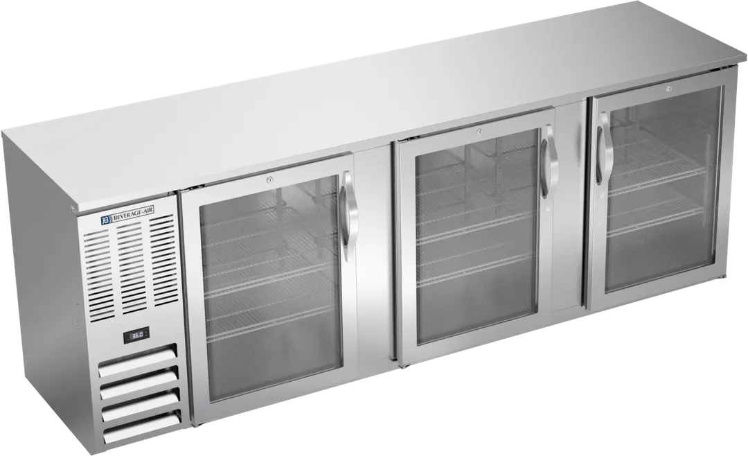 Beverage Air BBN94HC-G-S Back Bar Cooler, 94" W, 27.2 cu ft, 3 Glass Doors, Steel, R290, 1/3HP115V