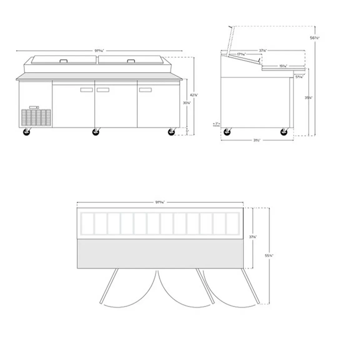 Hurakan HKN-PZ93R3 E/S 92" Refrigerated Pizza Prep Table, 3-Door, 12 X 1/3 Pans Capacity