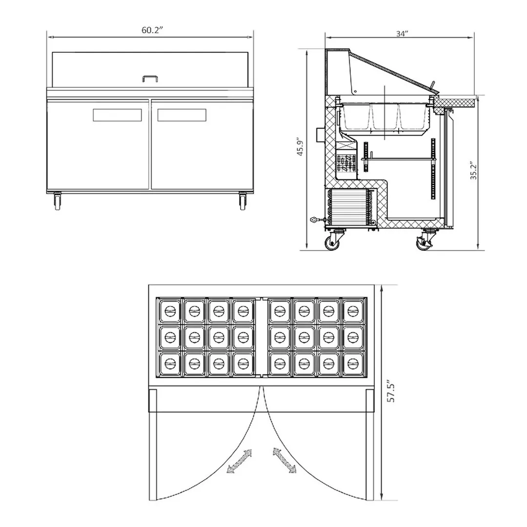 Hurakan HKN-SPMT60R2E 60" Mega Top Sandwich Prep Table, 2 Door, 16.6 cu. ft.