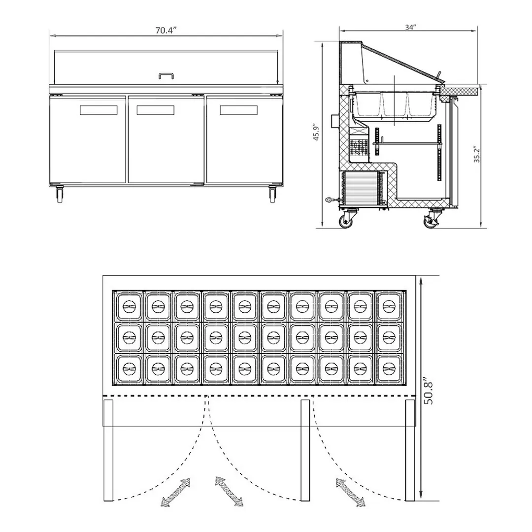 Hurakan HKN-SPMT71R3E 70" Mega Top Sandwich Prep Table, 3-Door, 19.5 cu. ft.