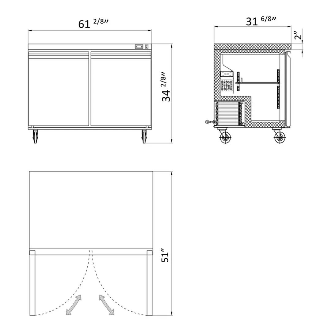 Hurakan HKN-UC60F2E 60" 2-Door Undercounter Freezer, Stainless Steel, 14.1 cu. ft.