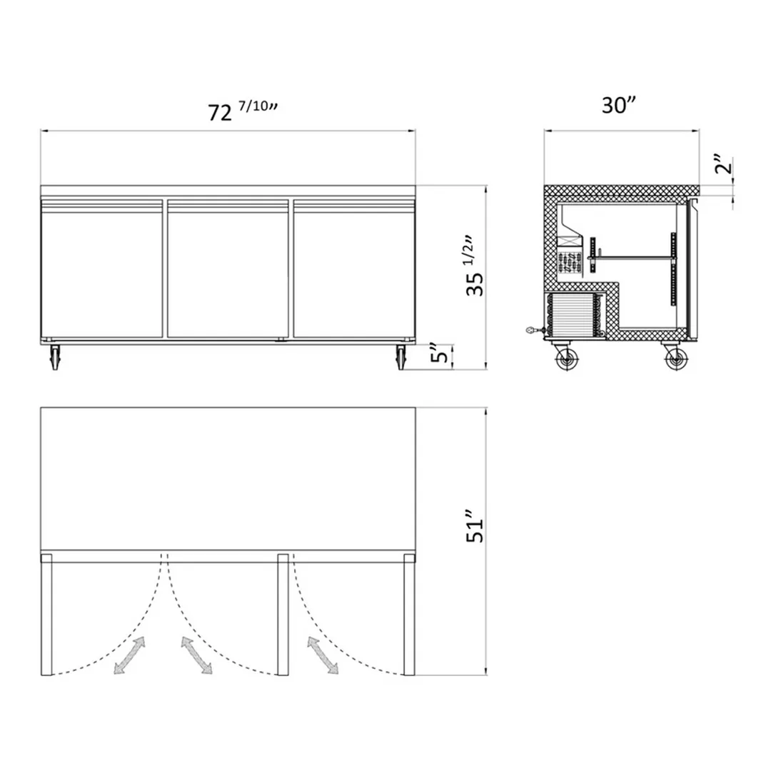 Hurakan HKN-UC72F3 C/E/S 72" 3-Door Undercounter Freezer, Stainless Steel, 21 cu. ft.