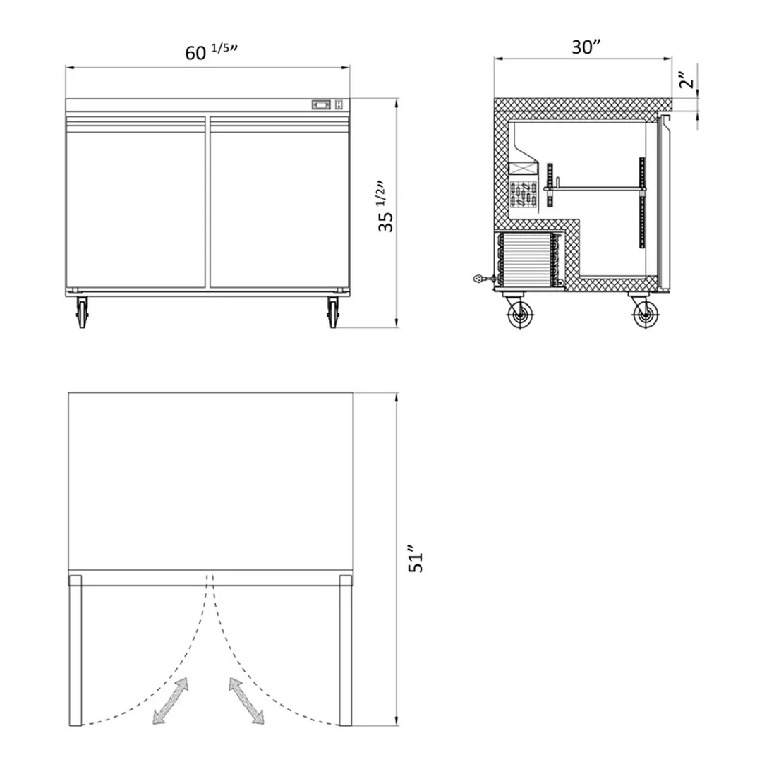 Hurakan HKN-UC61R2S 60" 2-Door Undercounter Refrigerator, Stainless Steel, 17.2 cu. ft.