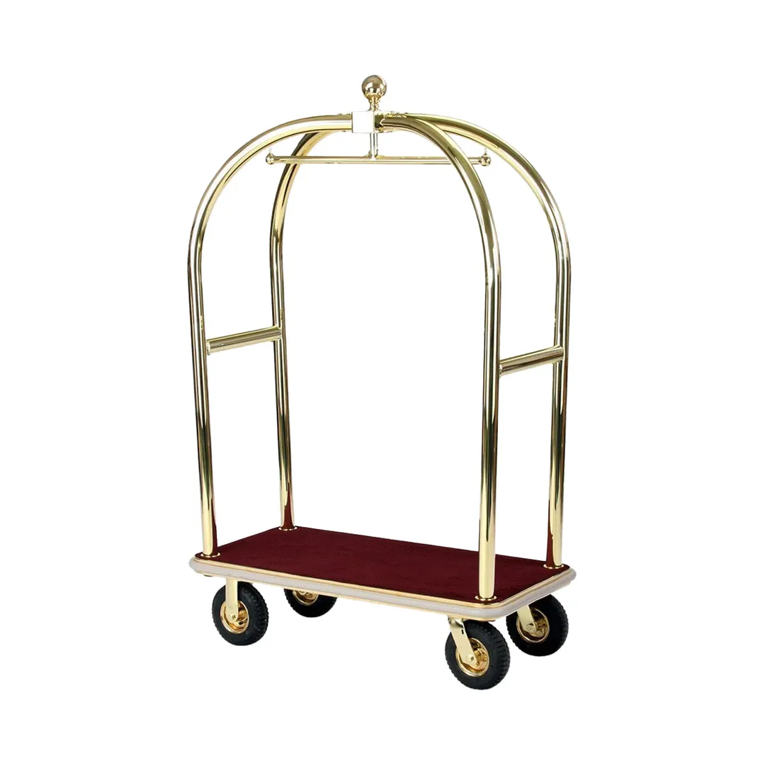 Forbes Industries 2428 Birdcage Luggage Cart w/ (2) Push Bars, Carpeted Deck, Polished Brass