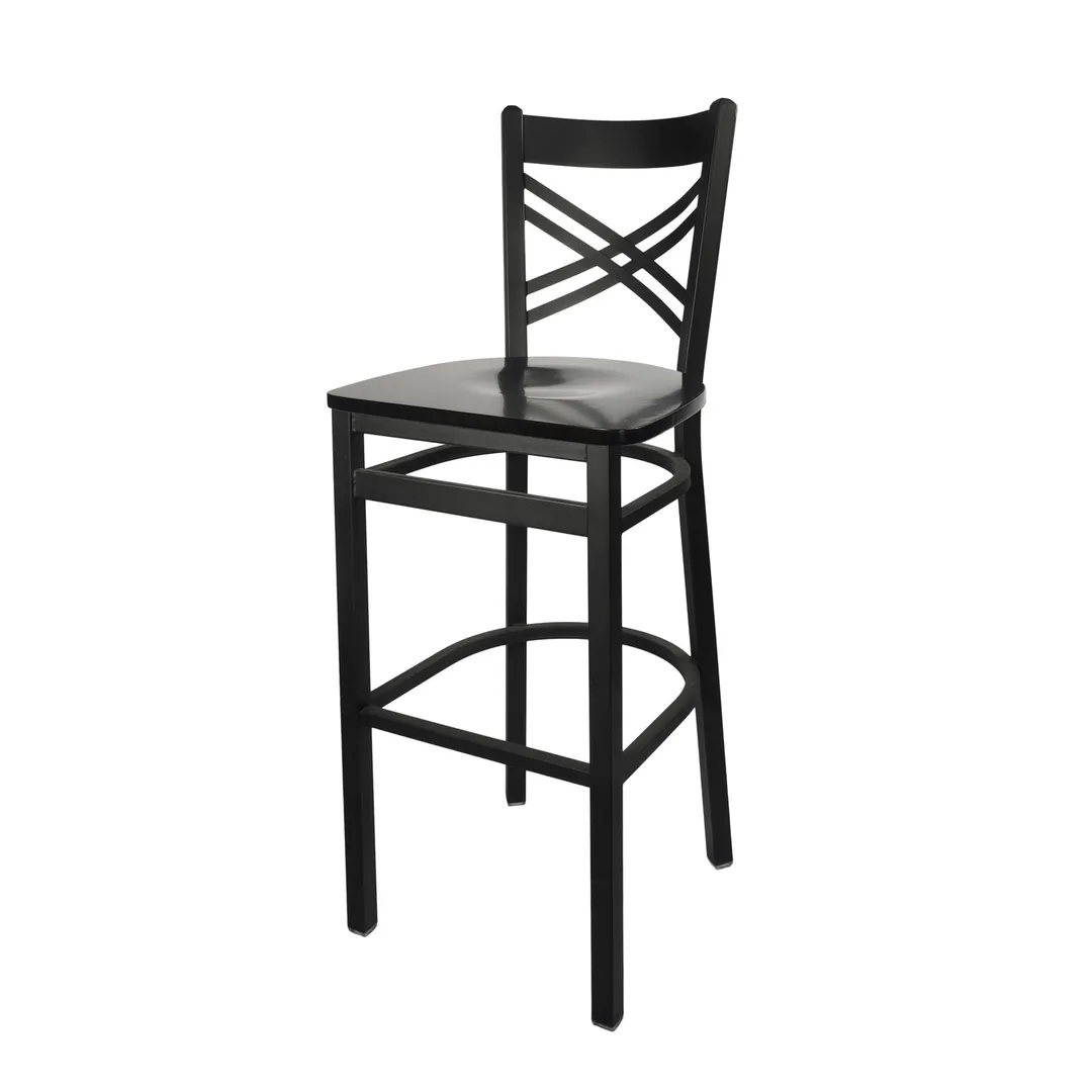 BFM Seating 2130B-SB W Akrin Criss Cross Back Barstool, Wood Seat, Sand Black Finish, Footrest