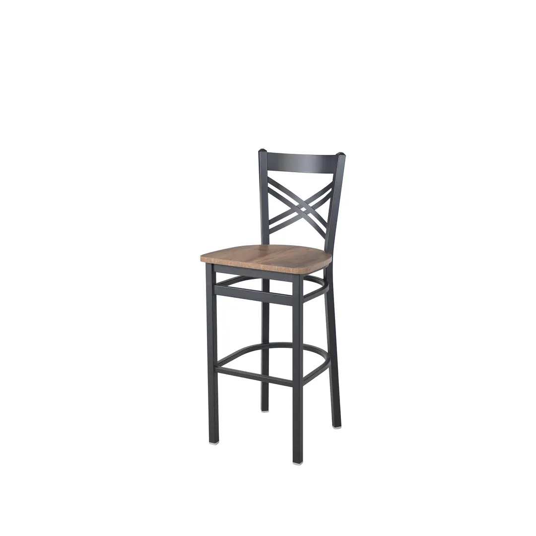 BFM Seating 2130BKPR-SB Akrin Criss Cross Back Barstool, Knotty Pine Relic Seat, Sand Black Steel Frame