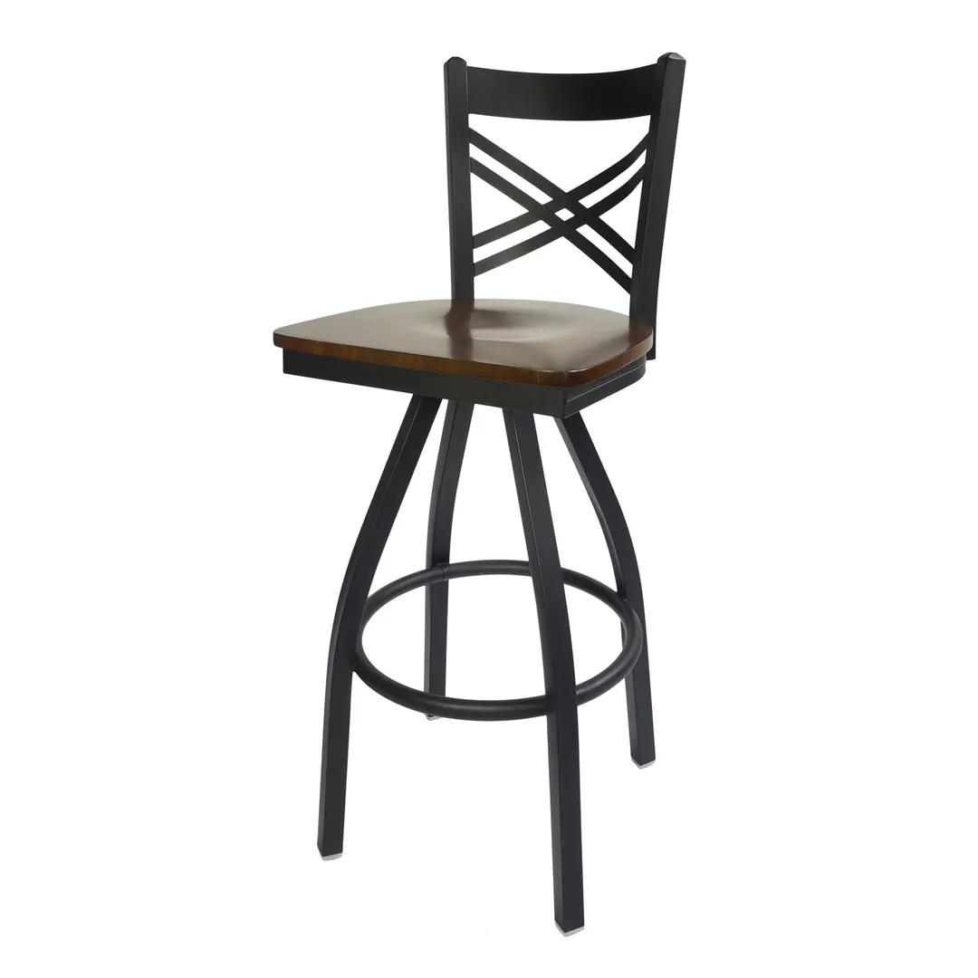 BFM Seating 2130S-SB ASH Akrin Swivel Barstool, Criss Cross Back, Autumn Ash Wood Seat, Sand Black Metal Frame
