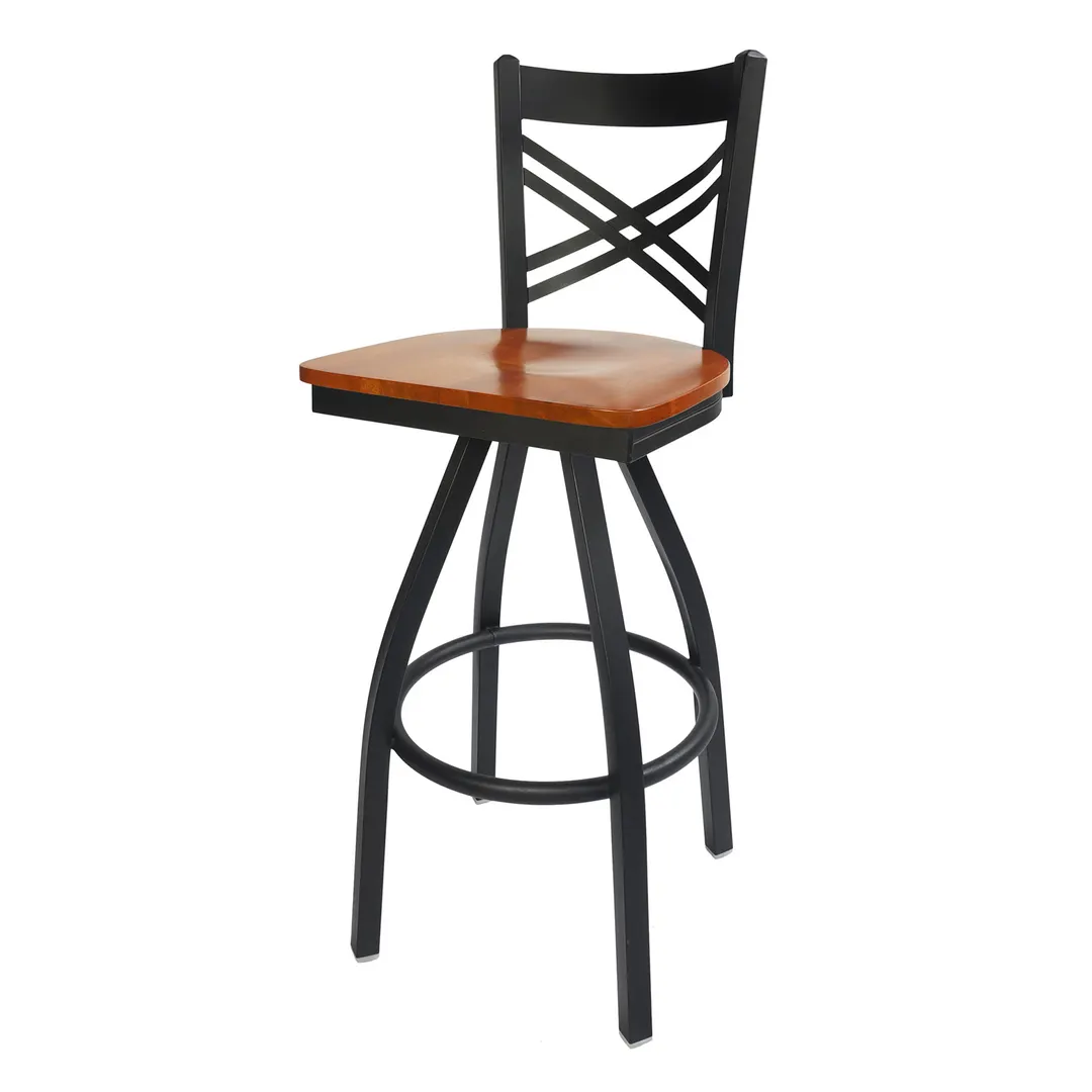 BFM Seating 2130S-SB W Akrin Swivel Barstool, Cross Back, Wood Seat, Metal Frame, Sand Black Finish