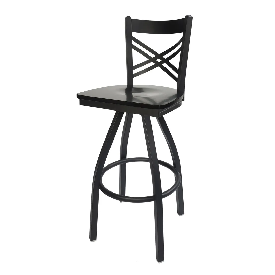 BFM Seating 2130S-SB W Akrin Swivel Barstool, Cross Back, Wood Seat, Metal Frame, Sand Black Finish