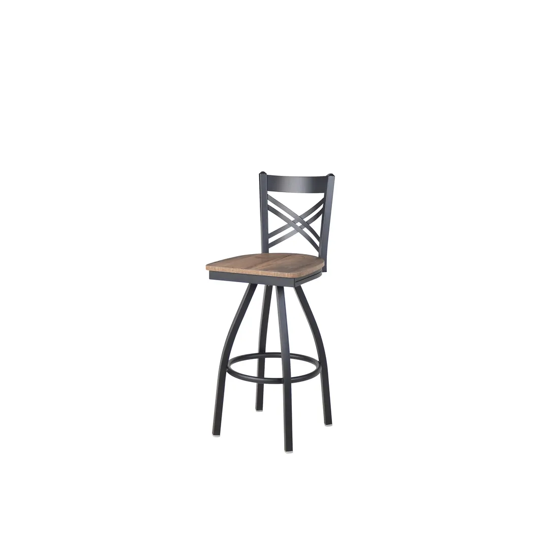 BFM Seating 2130SKPR-SB Akrin Swivel Barstool, Cross Back, Knotty Pine Seat, Steel Frame, Sand Black Finish
