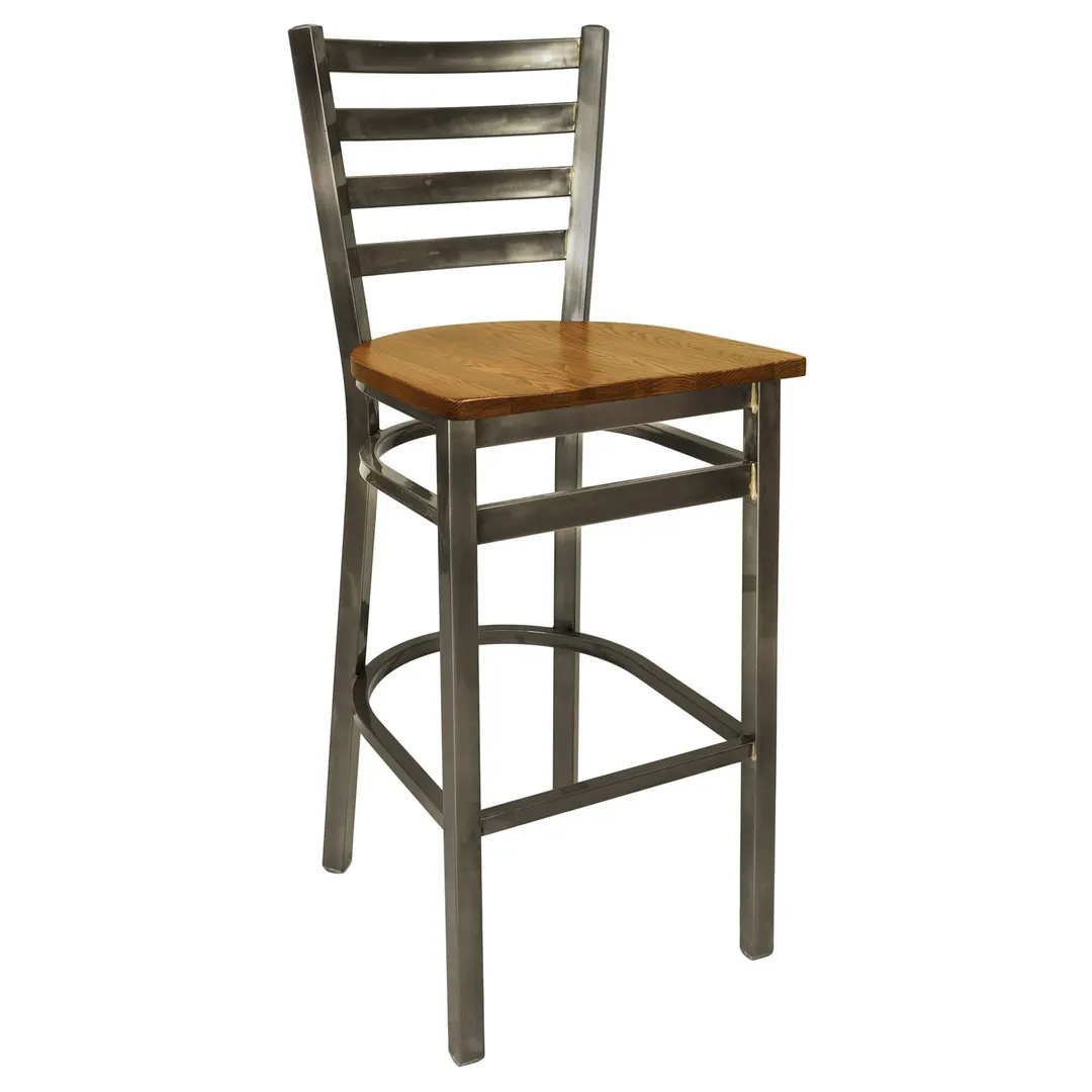 BFM Seating 2160B-CL ASH Lima Barstool, Ladder Back, Autumn Ash Wood Seat, Metal Frame, Footrest, Clear Coat Finish