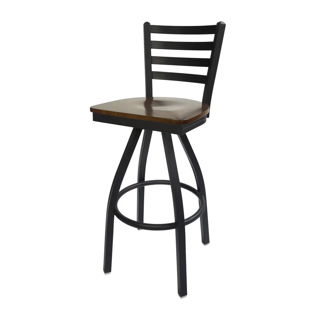 BFM Seating 2160S-SB ASH Lima Swivel Barstool, Ladder Back, Autumn Ash Wood Seat, Metal Frame, Sand Black Finish