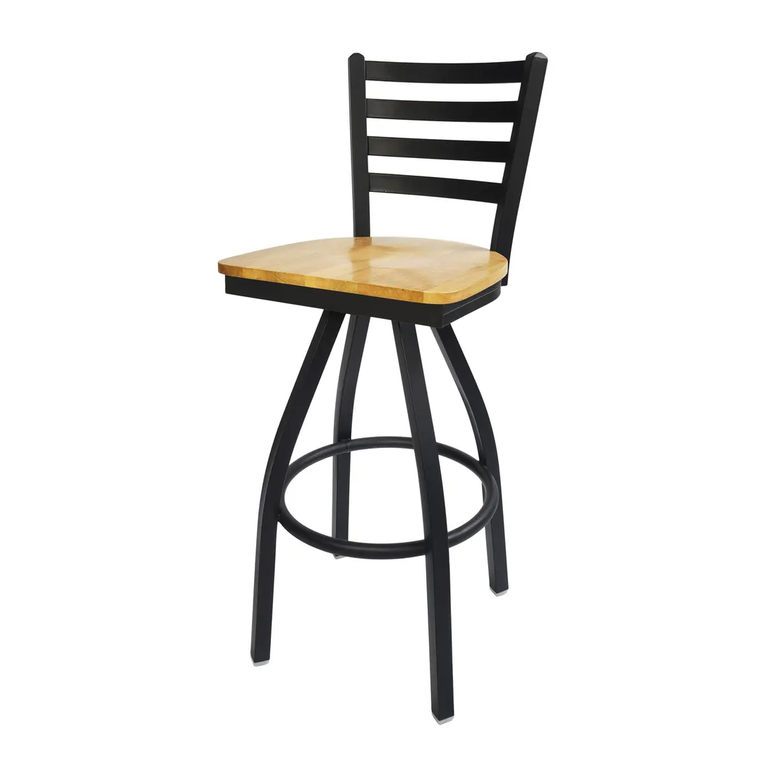 BFM Seating 2160S-SB W Lima Swivel Barstool, Ladder Back, Wood Seat, Metal Frame, Sand Black Finish