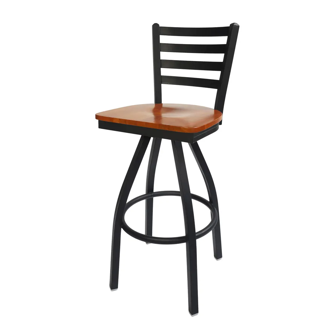 BFM Seating 2160S-SB W Lima Swivel Barstool, Ladder Back, Wood Seat, Metal Frame, Sand Black Finish