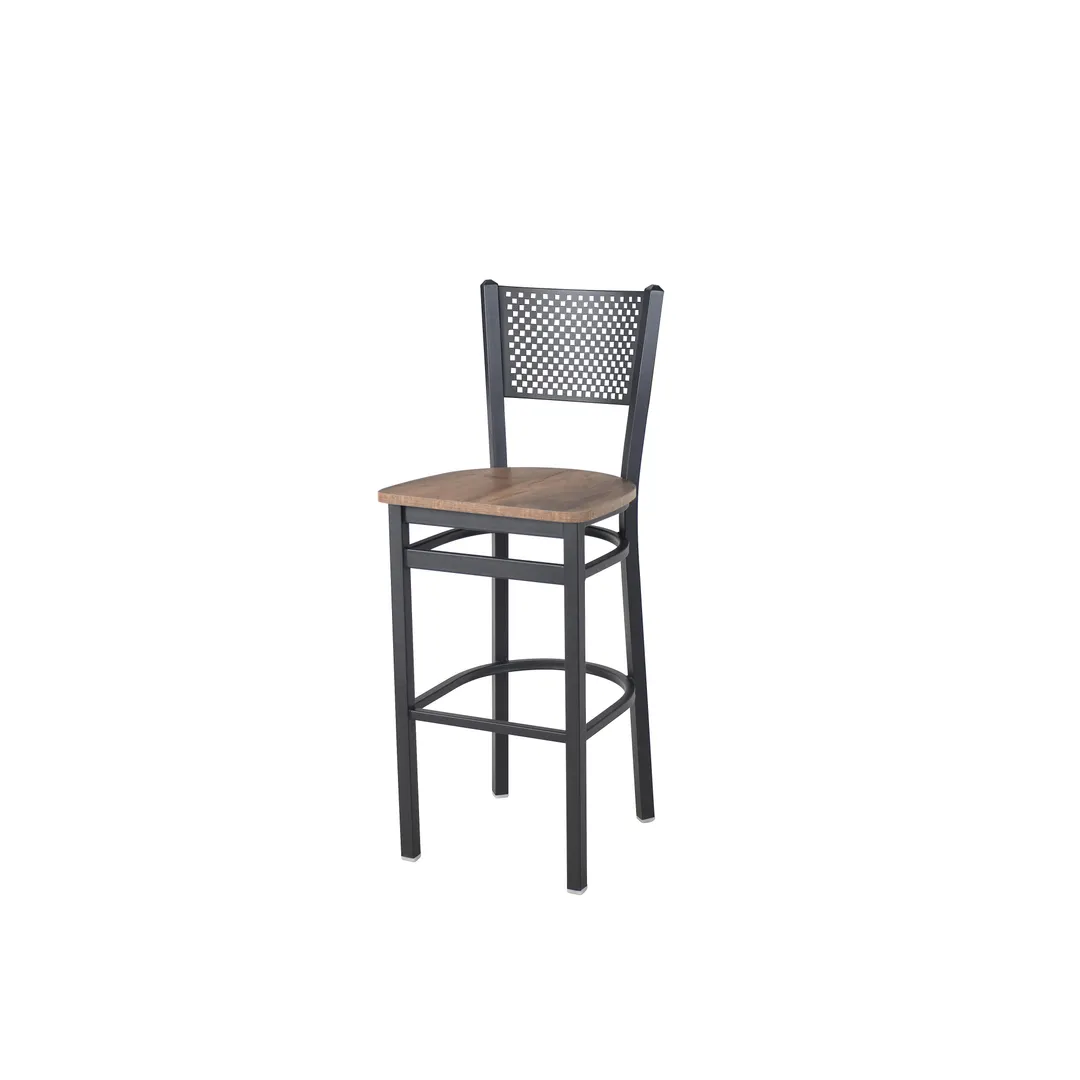 BFM Seating 2161BKPR-SB Polk Barstool, Perforated Back, Knotty Pine Seat, Sand Black Finish