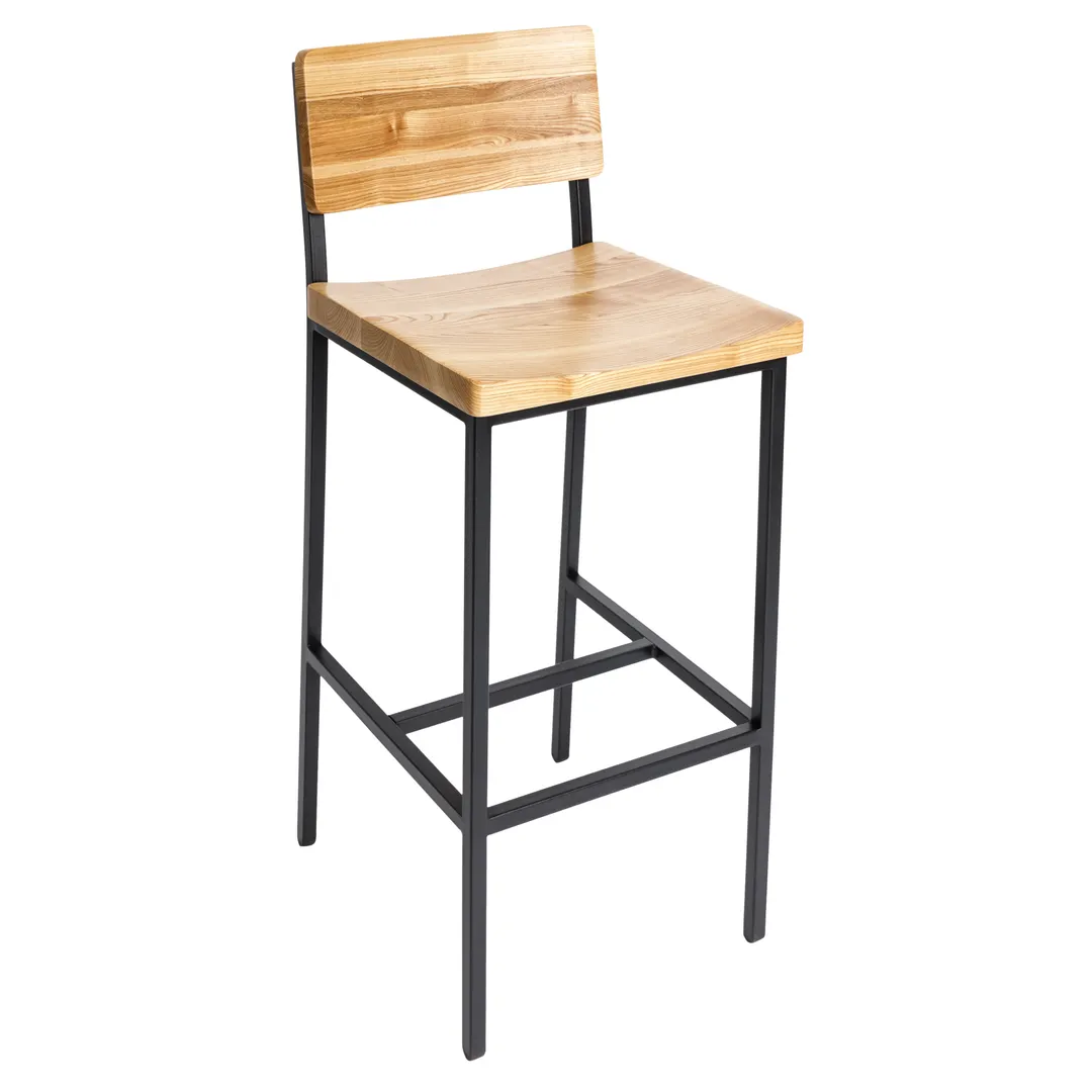 BFM Seating JS33BNTW-SB Memphis Barstool, Natural Ash Wood Back & Seat, Steel Frame with Sand Black Finish