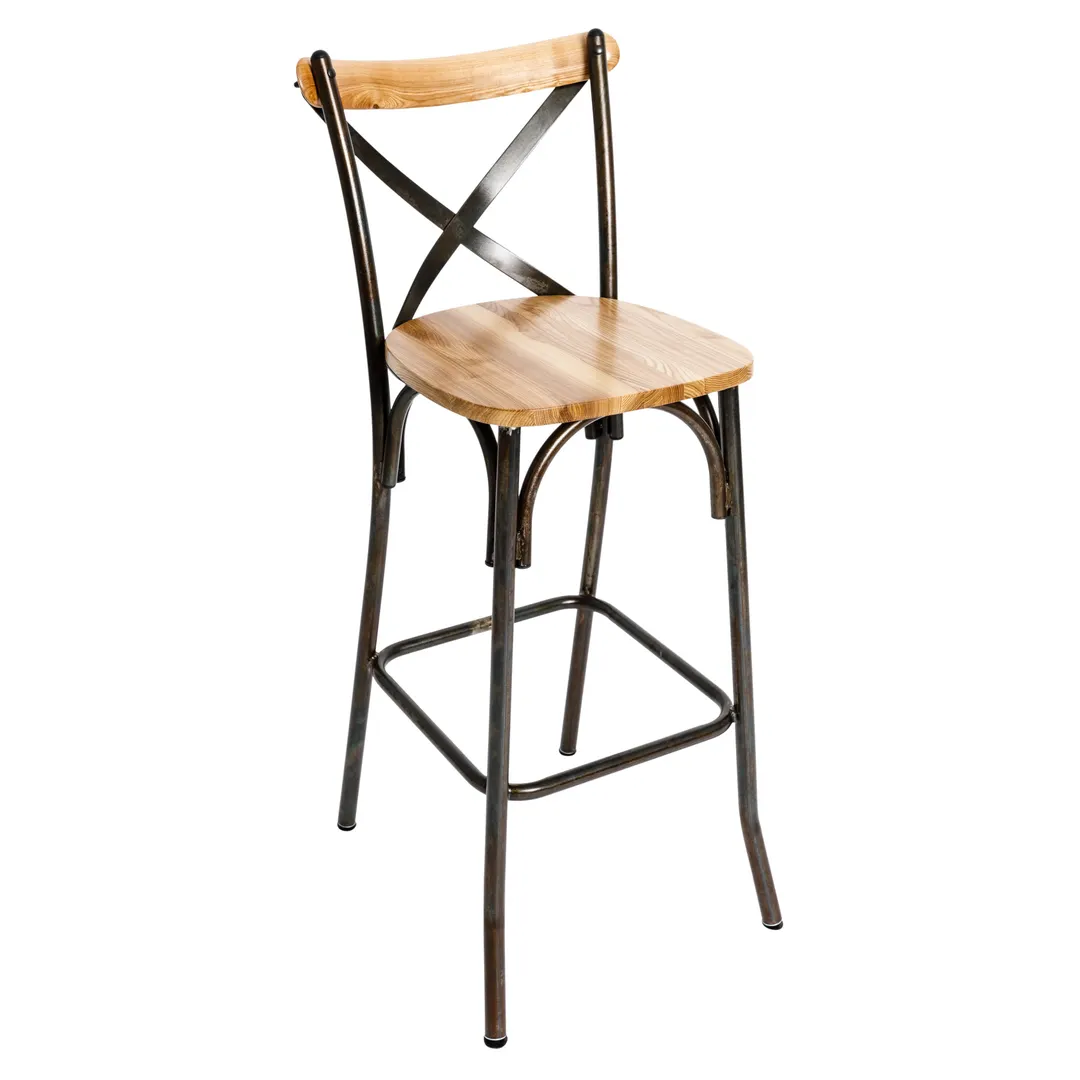 BFM Seating JS88BGR3-NTRU Henry Barstool, Criss Cross Wood Back, Upholstered Seat, Rustic Steel Frame