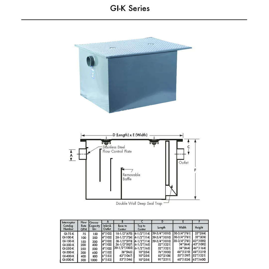 Dormont GI-100-K Watts Grease Interceptor, 4" Inlet/Outlet - 200 lbs Grease Capacity / 100 GPM