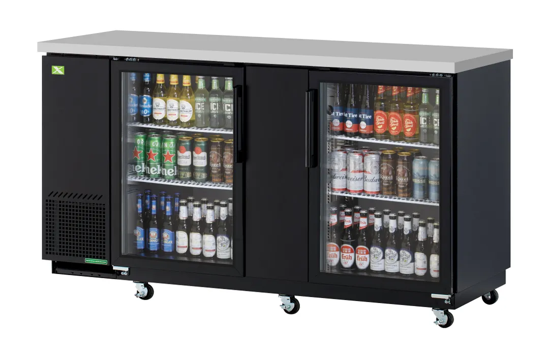 RefrigerationX XBB-3SG-N6 Back Bar Cooler, 69\"W, 23.28 Cu.ft., Black, Doors, Shelves, R-600a, 115V