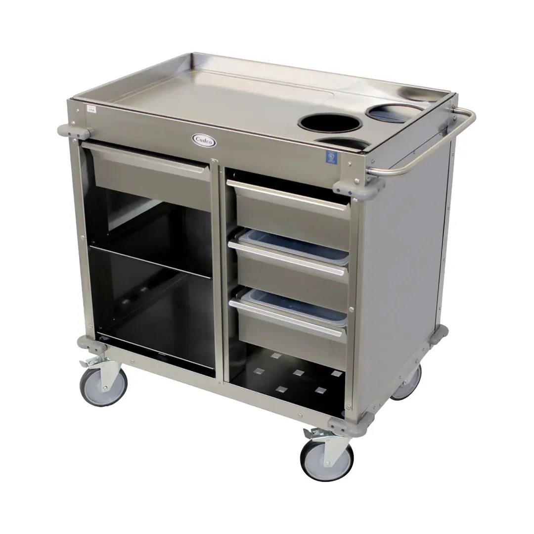 Cadco BC-4-LST Stainless Steel Mobile Beverage Service Cart w/ 2 Shelves, 4 Drawers, 3 Airpot Wells